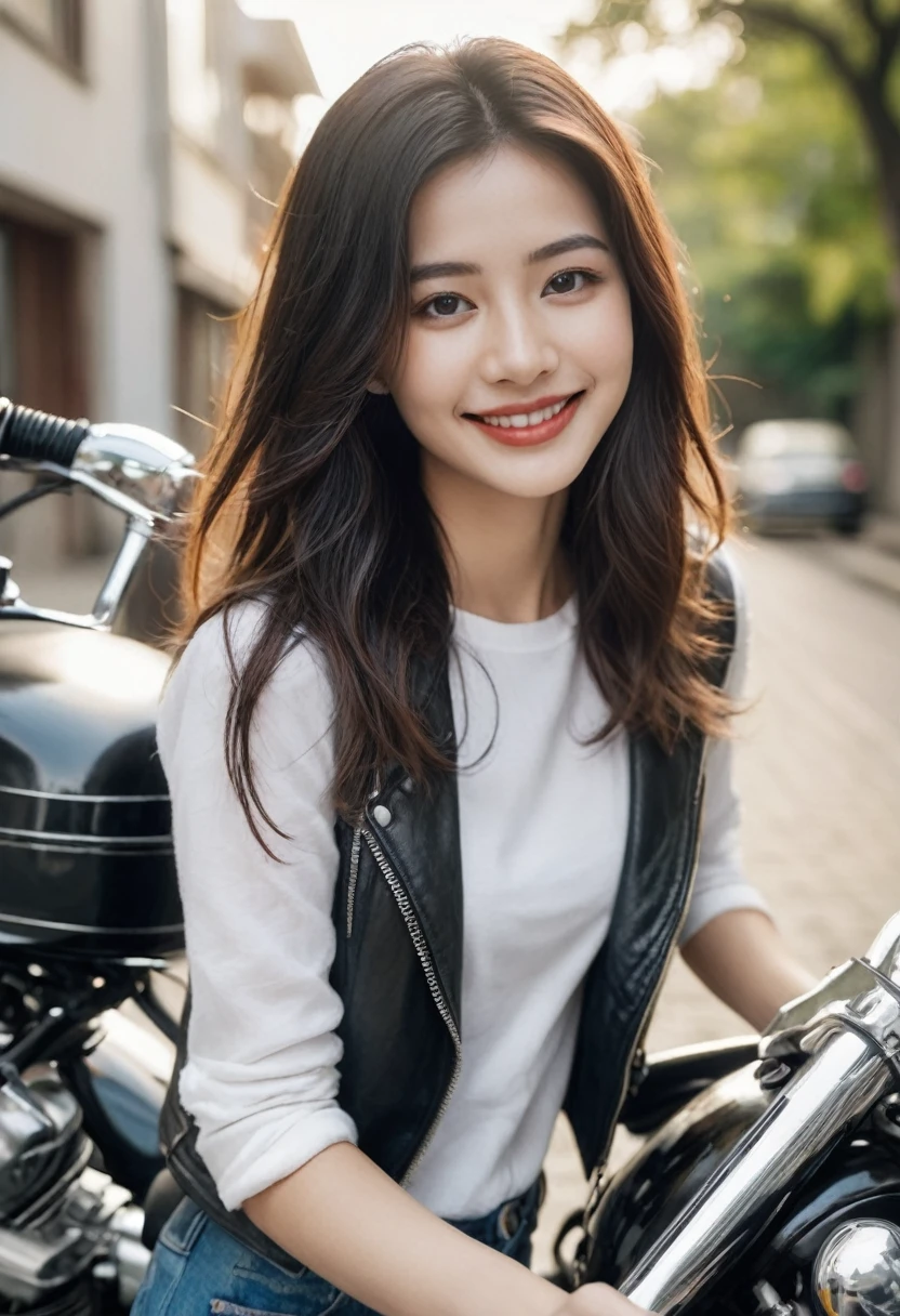 Create a young woman of 26 years old with straight wavy hair and white skin fixing a classic motorcycle smiling with a height of 1,60 meter without makeup on natural face