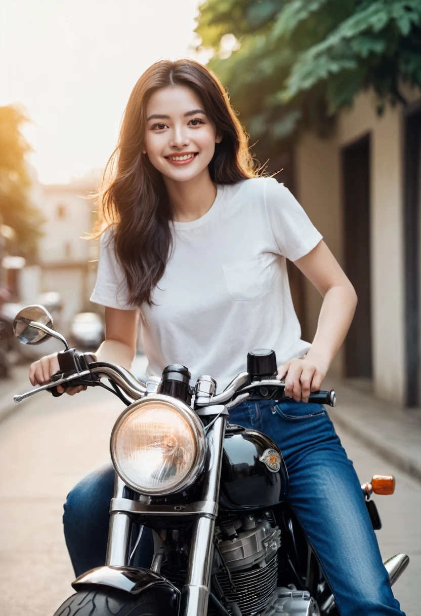 Create a young woman of 26 years old with straight wavy hair and white skin fixing a classic motorcycle smiling with a height of 1,60 meter without makeup on natural face