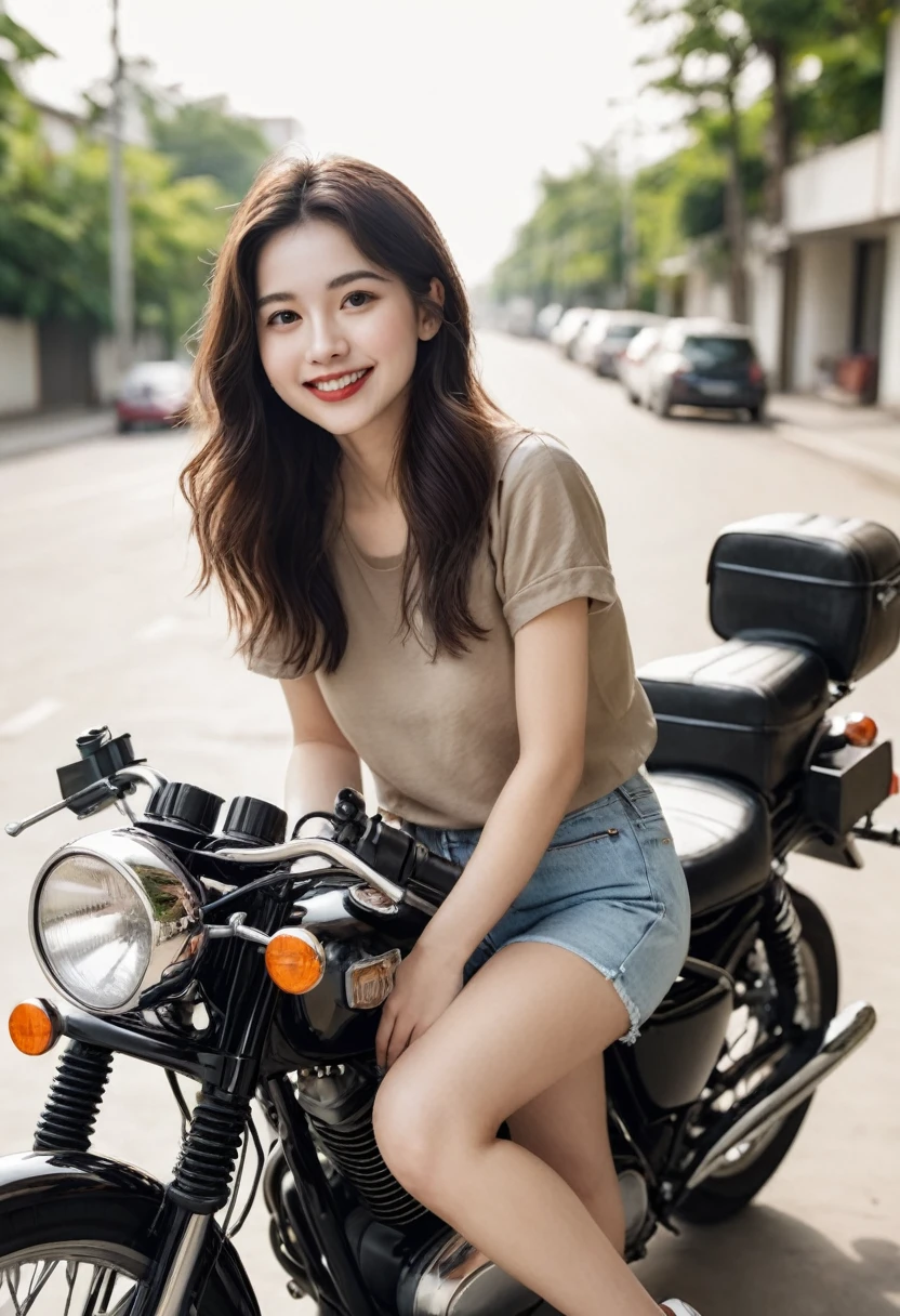 Create a young woman of 26 years old with straight wavy hair and white skin fixing a classic motorcycle smiling with a height of 1,60 meter without makeup on natural face 