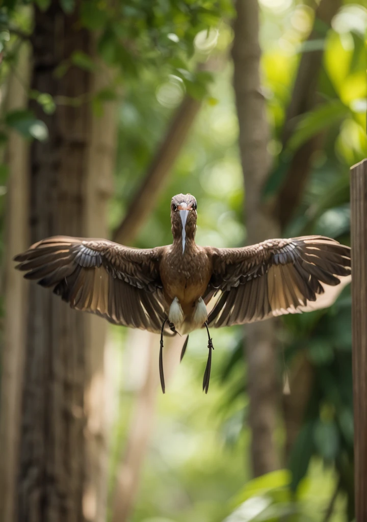Majestic brown bird, frontal profile, wings open front, bird looking forward frontal, long beak