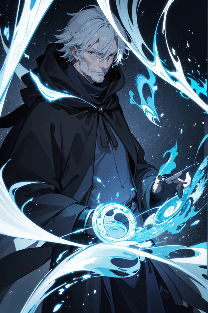An old man wearing a black cloak, aura of magical blue flames, hand catching blue fire, around mysterious look. Interior of a mansion, epic scene, magie, particles. ((anime styling))