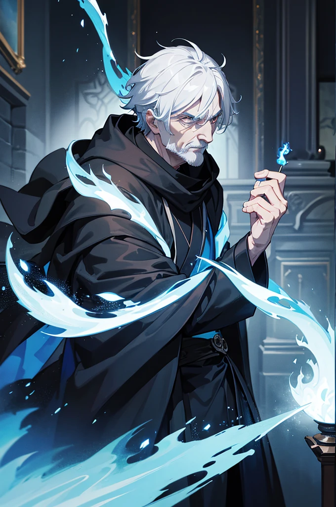 An old man wearing a black cloak, aura of magical blue flames, hand catching blue fire, around mysterious look. Interior of a mansion, epic scene, magie, particles. ((anime styling))