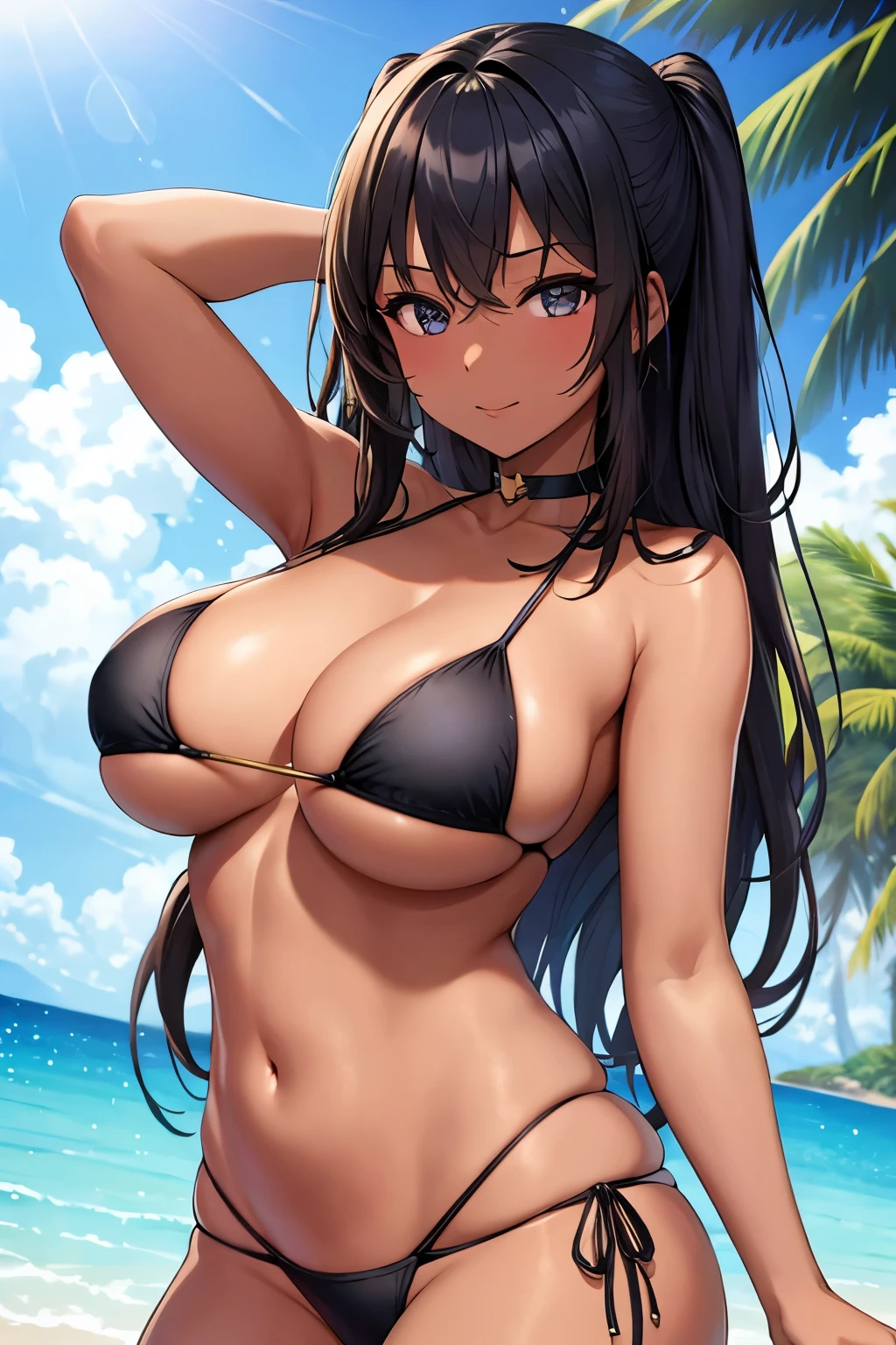 Masterpiece, high quality, pretty girl, beautiful, beautiful face, dark skin, bikini, big breasts, cleavage, sexy,