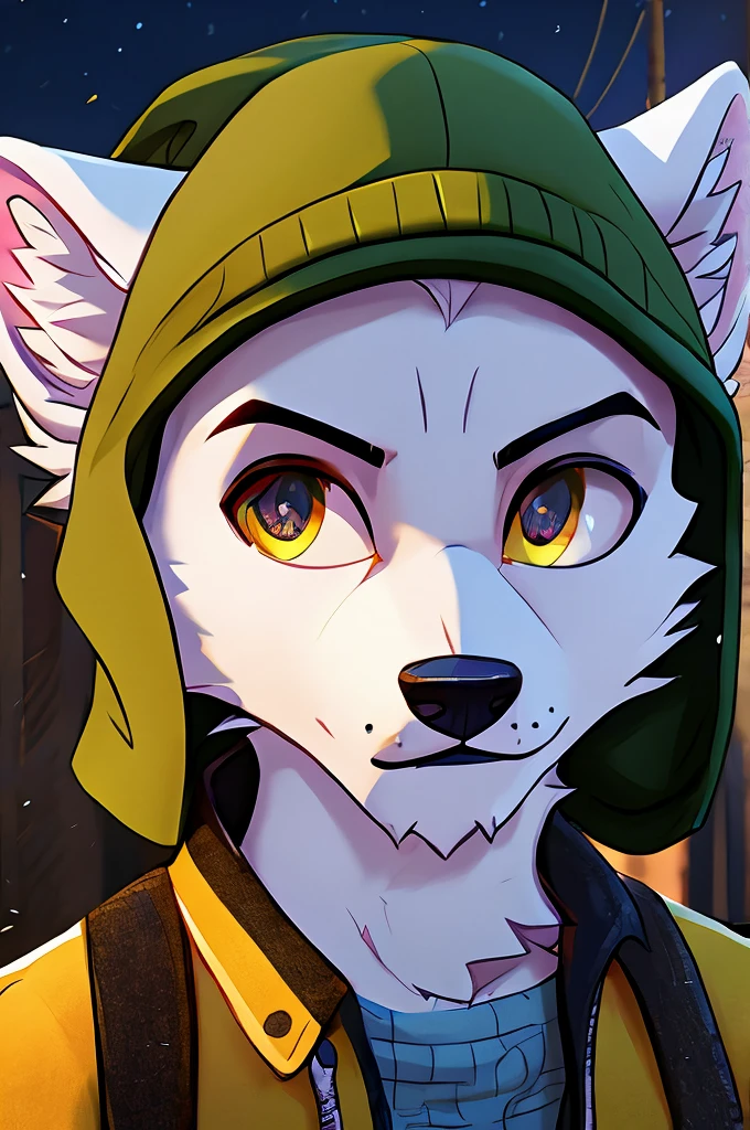 arctic fox male, yellow jacket, the eyes, green cap, 8k