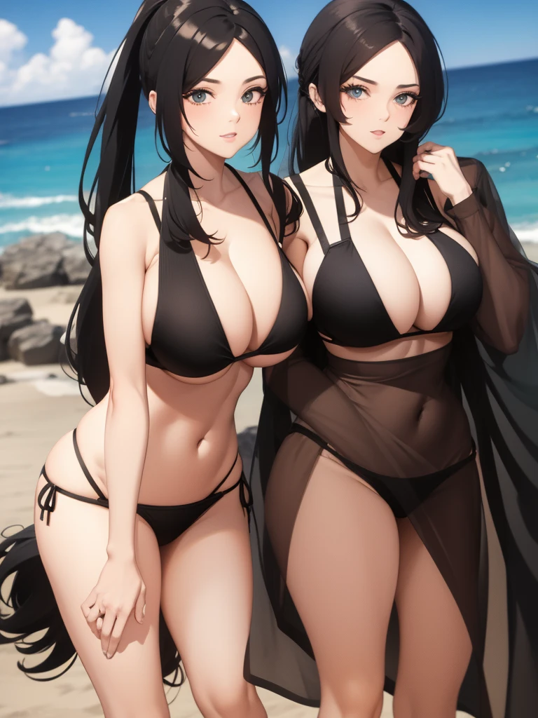 Big breasted girl with long black hair in a ponytail wearing a bikini