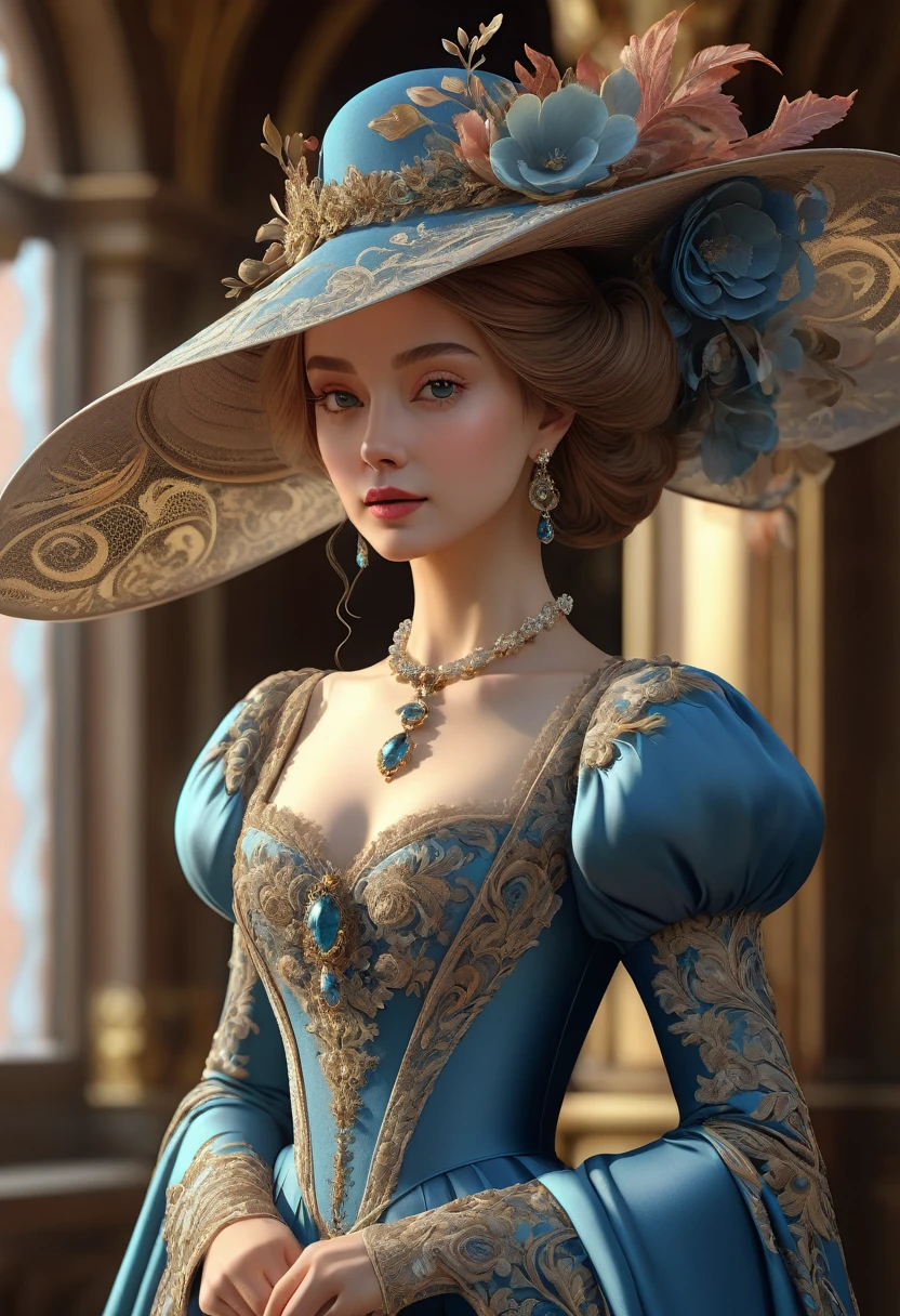 Woman in luxurious long dress、hat、Renaissance design、intricate detailed, Digital Art、Octane Render、3D Rendering、