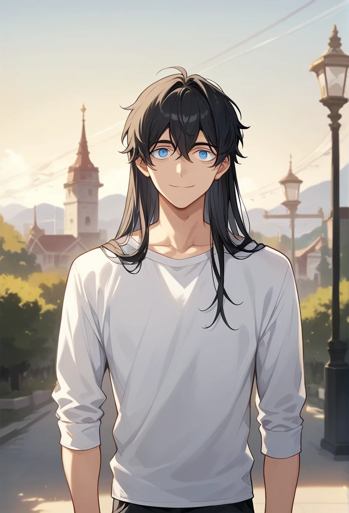 (Masterpiece, Superior quality, Best Quality, Official Art, beautiful and aesthetic:1.2),(8k, Best Quality, Masterpiece:1.2),1 man, male, Alone, black hair, medium long hair, white sweatshirt, disheveled hair, blue eyes, Casual, haddock, indifferent, slight smile, Dead eyes, looking at the viewer, The same \(Place\), evening, depth of field, Young man.