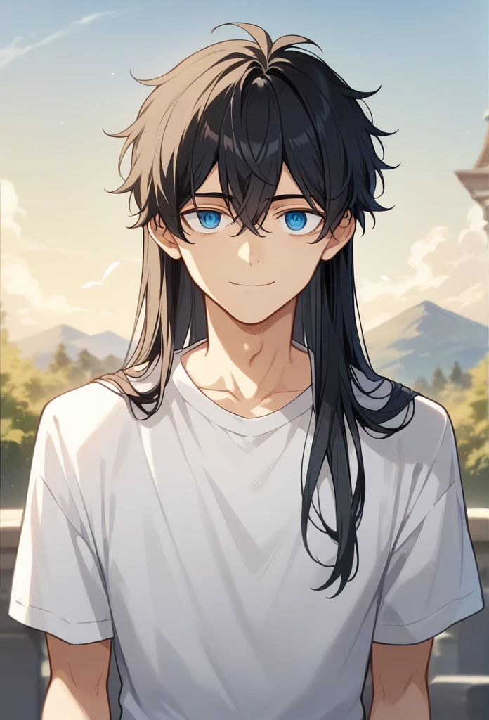 (Masterpiece, Superior quality, Best Quality, Official Art, beautiful and aesthetic:1.2),(8k, Best Quality, Masterpiece:1.2),1 man, male, Alone, black hair, medium long hair, white sweatshirt, disheveled hair, blue eyes, Casual, haddock, indifferent, slight smile, Dead eyes, looking at the viewer, The same \(Place\), evening, depth of field, Young man.