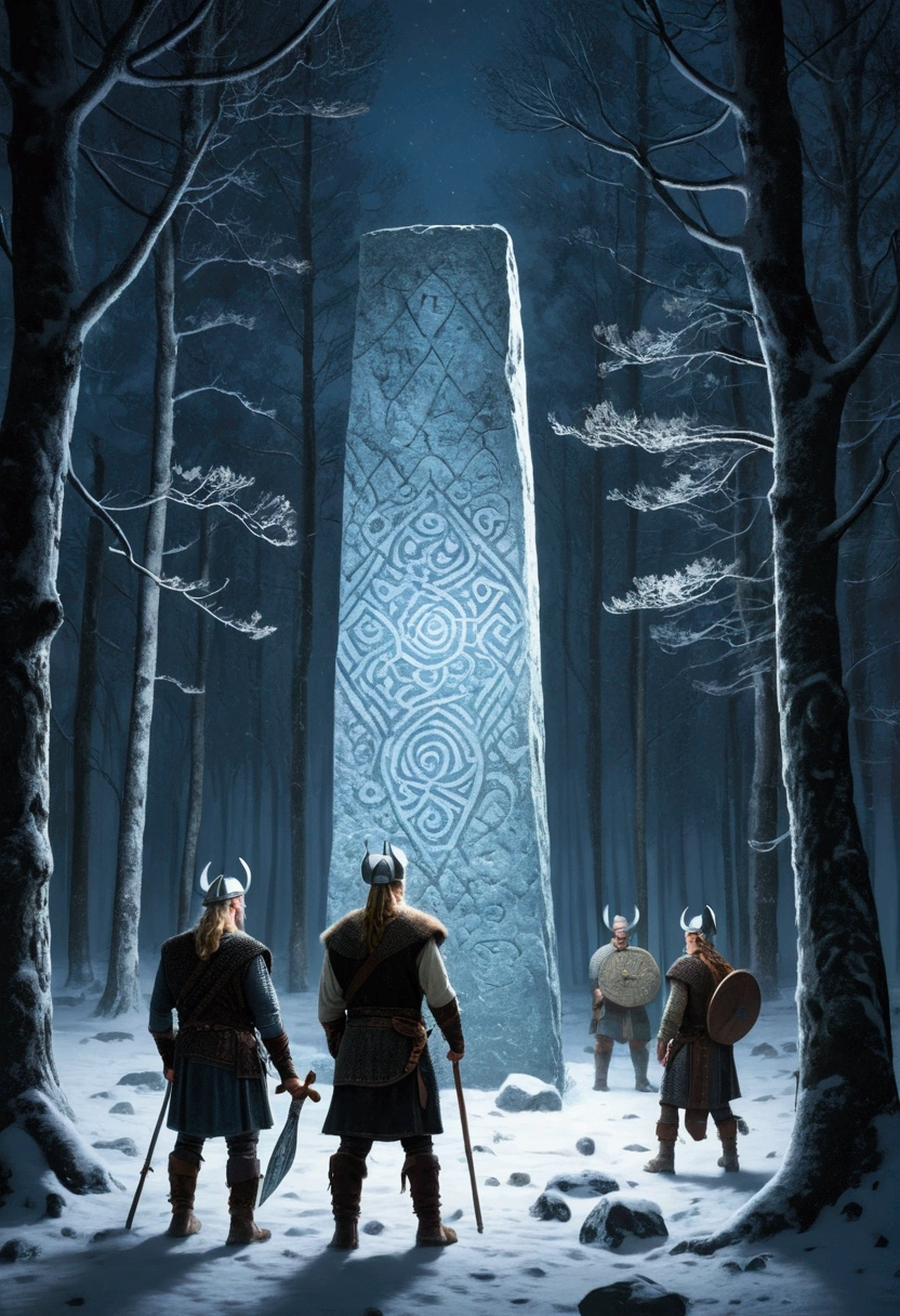 Illustration While Walking in a Snowy Forest (( os vikings)), a pale, bluish light caught Bjorn&#39;s attention (( and his fellow Vikings)). Curious onlookers, They followed the light to a clearing where a runestone gleamed beneath the snow..