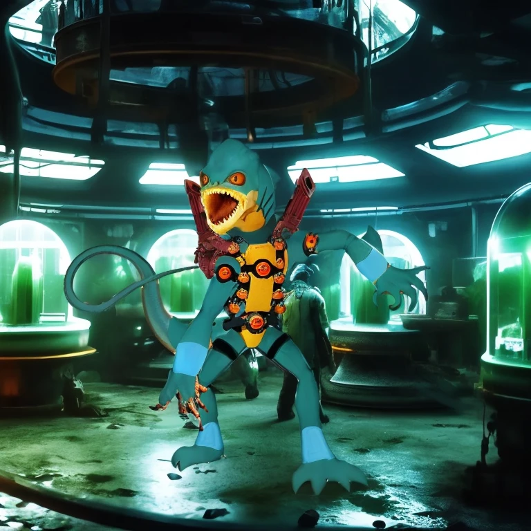 there is a large blue and orange creature in a room, robot monster in the background, metroid dread, science fiction lizard man, Rendering in the NVIDIA omniverse, deep rock galactic screenshot, video game screenshot>, macaque inside alien base, Cyber monkey in sci-fi forest, video game screenshot, 4k acetate rendering, mutant, computer generated art, I still play