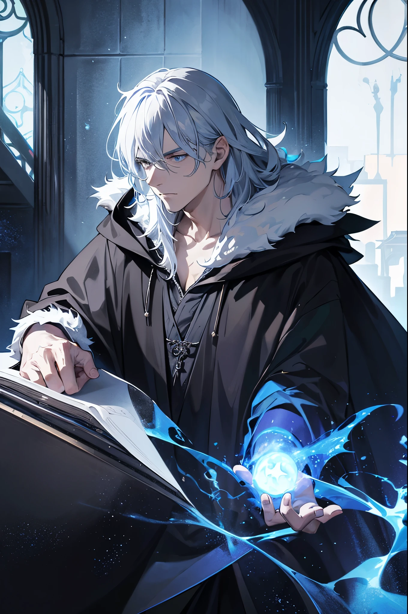 An old man wearing a black cloak, aura of magical blue flames, hand catching blue fire, around mysterious look. Interior of a mansion, epic scene, magie, particles. ((anime styling))