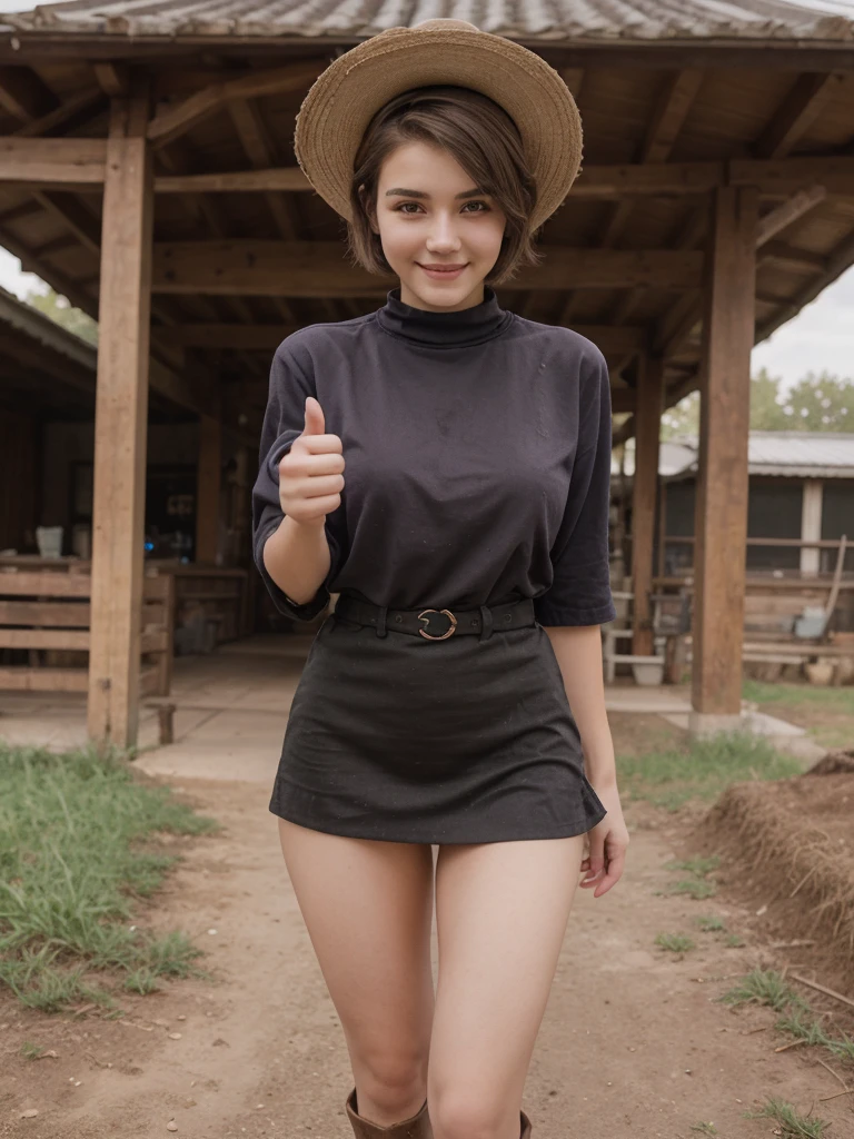 8k, RAW photo, best quality, ultra high resolution, photorealistic, (slim) girl with black purple short undercut haircut, 18 years old, eye makup, smiling, cowboy hat, standing, showing beautiful legs, cowboy boots, short skirt, perfect hands, thumbs up, farm, hands on waist
