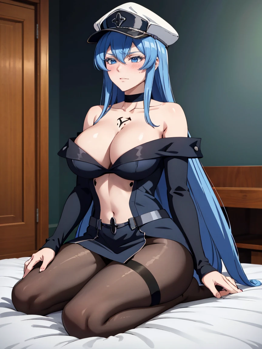 (artwork, best quality) a girl with long blue hair, blue eyes, blue eyelashes, black mini skirt, long black pantyhose, black off shoulder dress, wearing black captain's hat, tattoo, big breasts, perfect body, 4k hd, blushing, embarrassed, sitting in a room