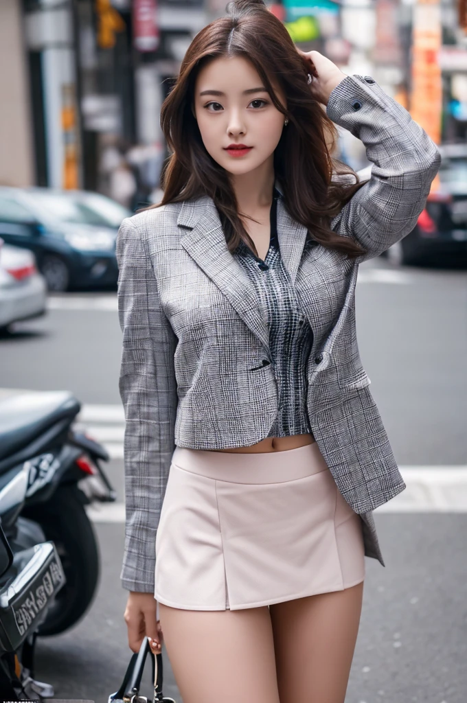 a 17 year old girl, she is the most beautiful actress in the world, the perfect body proportions of this girl, the blazer is appropriately buttoned up on the formal shirt that she wears, indirect bulge of her clothed large breasts, the panties between her bare legs are seen just 1cm below the short skirt, it's just the front of her body, it's just one description, it from right above her head to right below her shins are within the space, she is standing straight at the street, nsfw, best quality, highly detailed, masterpiece, ultra high res, photo realistic, 8k, RAW photo