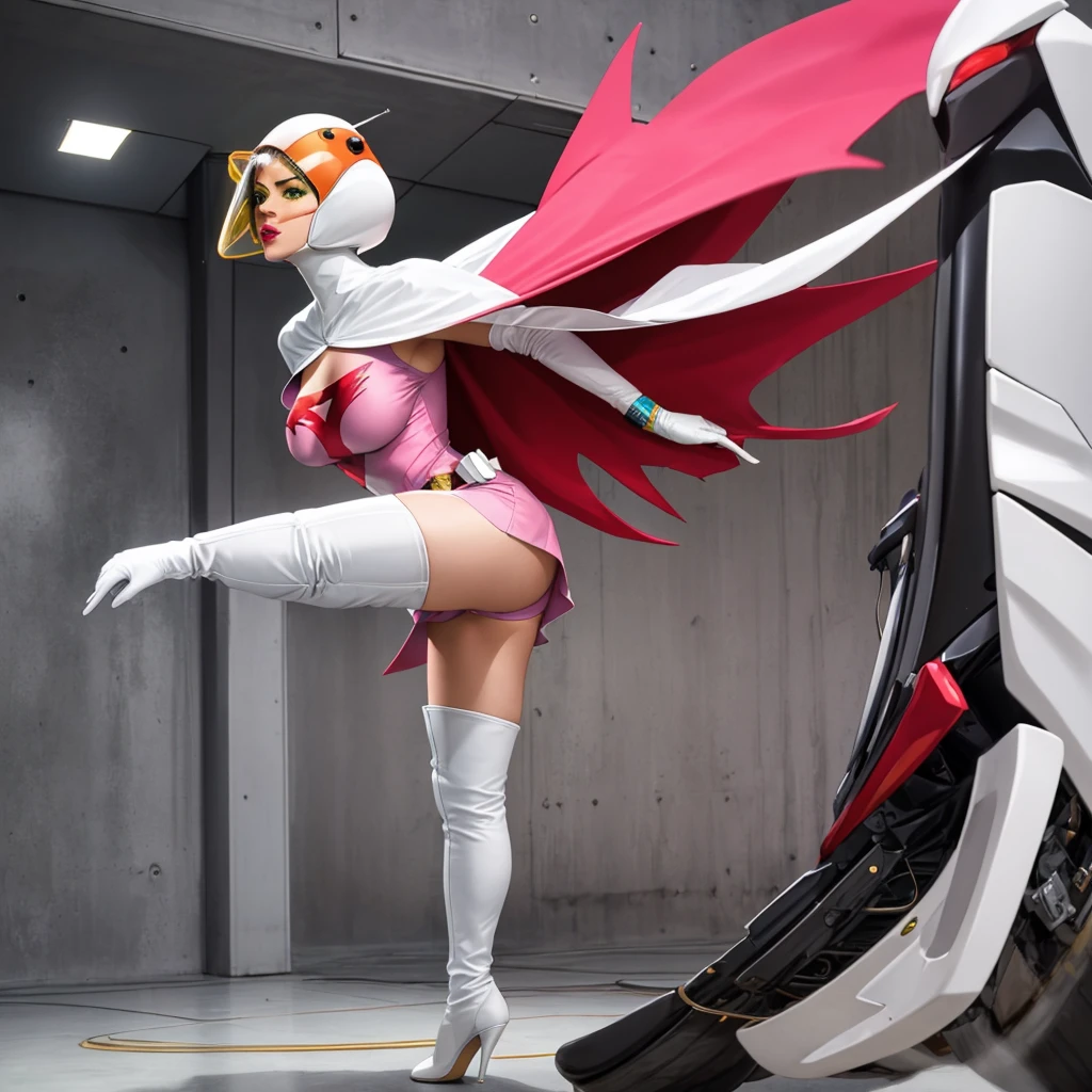 ANI_CLASSIC_jun_gatchaman_ownwaifu,1girl, ,good anatomy, masterpiece, best quality,realistic, hyperrealistic, 16k hdr, long hair,breasts,green eyes,lips,large breasts,lipstick,makeup,gloves,cape,helmet,belt,elbow gloves,white gloves,mask,ultra miniskirt,leotard,spacesuit,white tight overknee highheels boots,pink dress,superhero,bodysuit,cleavage,erected nipples,(sexy pose,front view),(spread legs:1.1),cameltoe