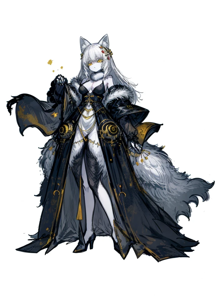 1girl ,white hair, yellow eyes, pale fur beast, fox ears, polar, nice clothes,red claws, (high resolution, high detail, best quality), sad, small breasts