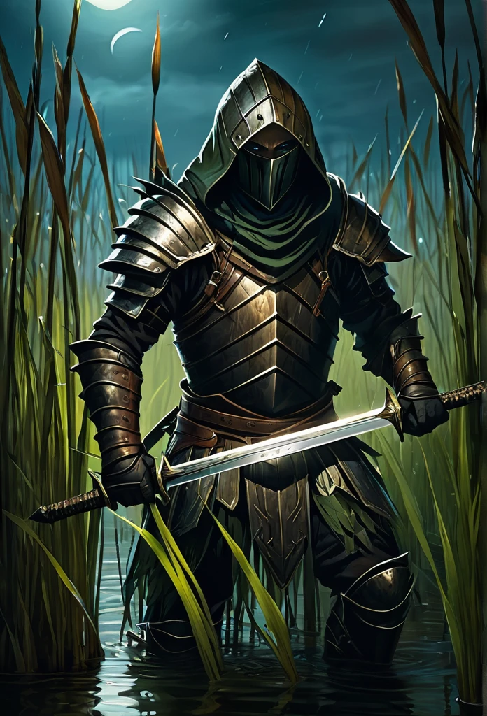 Warrior with leather armor and hood cutting through reeds frontally in a swamp at night using his sword fiercely