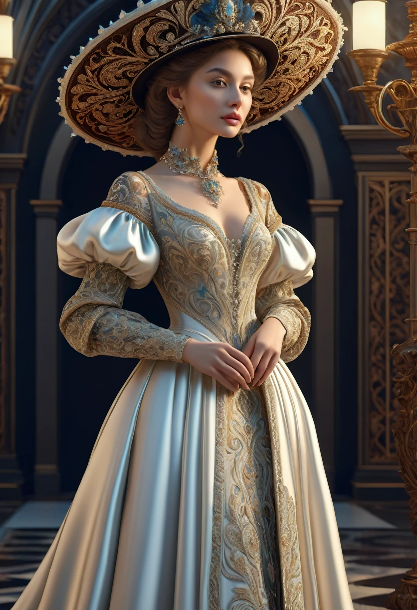 Woman in luxurious long dress、hat、Renaissance design、intricate detailed, Digital Art、Octane Render、3D Rendering、