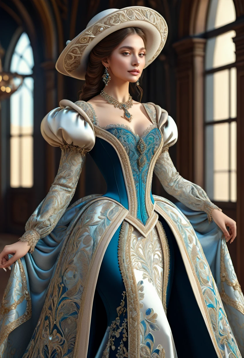 Woman in luxurious long dress、hat、Renaissance design、intricate detailed, Digital Art、Octane Render、3D Rendering、