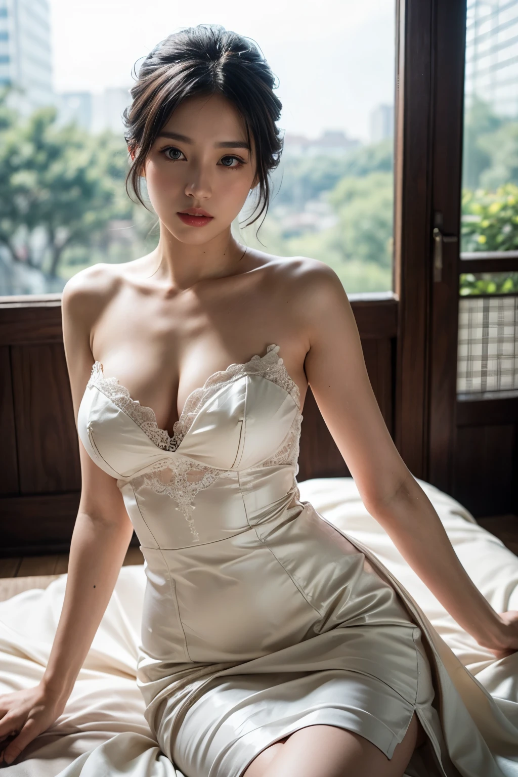 (sweat:0.7),Light yellow wedding dress,white short skirt,woman,japanese,exquisite face, beautiful face,bare shoulders,shoulders slightly exposed,translucent skin,black eyes,black hair,(photorealistic:1.4),realistic details, high resolution,bokeh,outstanding details