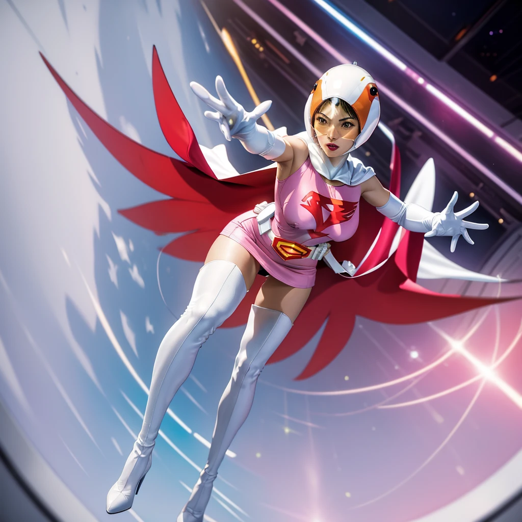 ANI_CLASSIC_jun_gatchaman_ownwaifu,1girl, 15yo,good anatomy, masterpiece, best quality,realistic, hyper realistic, 16k hdr, long hair,breasts,lips,large breasts,lipstick,makeup,gloves,cape,helmet,belt,elbow gloves,white gloves,mask,ultra miniskirt,leotard,spacesuit,white tight overknee highheels boots,pink dress,superhero,bodysuit,cleavage,erected nipples,(fighting poses),cameltoe