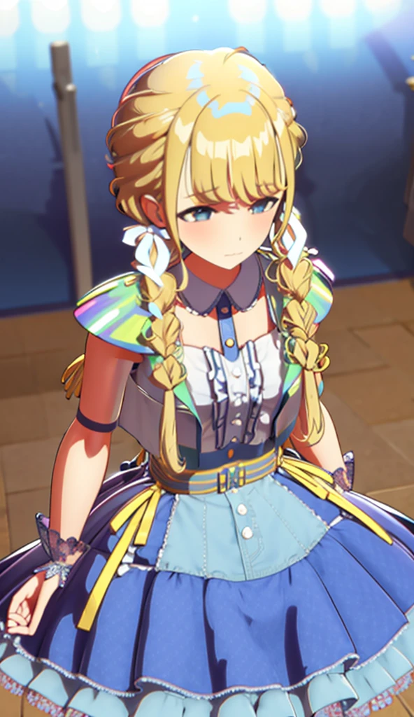 Blonde, concert venue, dress, frills, arms crossed in front of chest, making a cross sign, wink