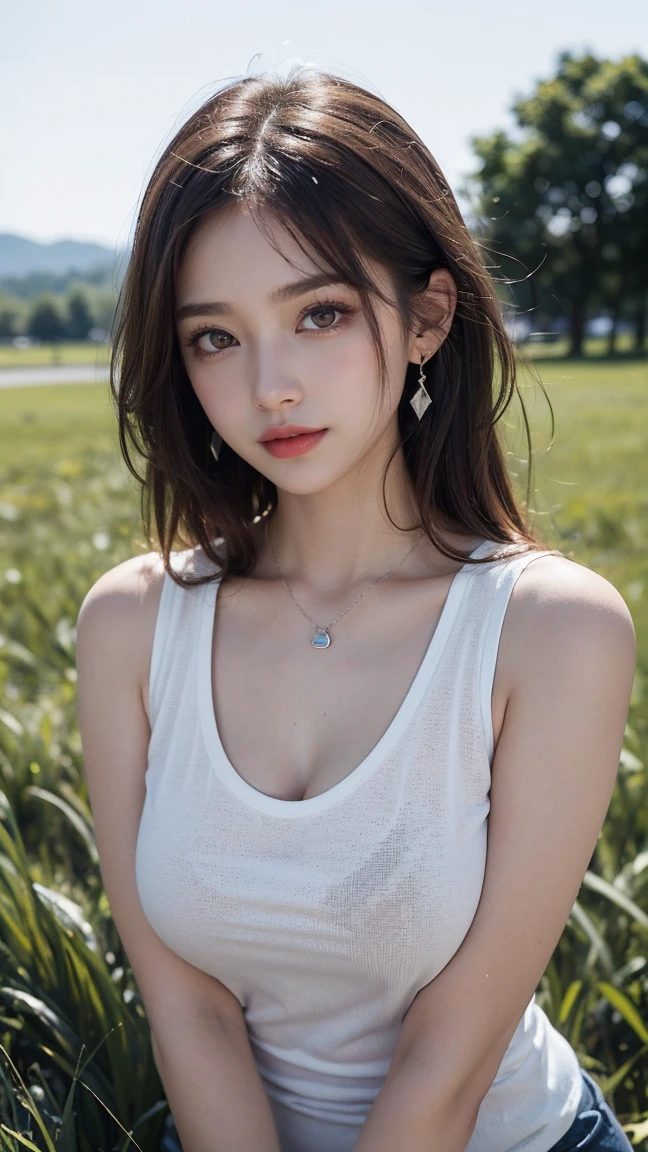 (masterpiece:1.3), 16k, high resolution, Very fine details, masterworks,(photorealistic, RAW photo, best quality:1.4), authentic texture, Texture of skin and clothing, light makeup, red lips, brown hair, beautiful hair, (medium hair:1.3), A spring filled with crystal clear water, elegant, Very fine details, authentic texture, cinematic lighting realism, perfect work, exquisite features, (Detailed brown iris and black pupil),(Ultra-high resolution eye:1.1), Japanese idol, beautiful face, (gentle smile like a goddess), attractive, big well-shaped breasts, beautiful cleavage, shiny skin, (White oversized sleeveless t-shirt:1.3), break,(Mini hot pants),bright big eyes, smooth skin, (Heart shaped necklace),(Triangle ornament earrings),BREAK, (gentle smile like a goddess), standing position, (standing on the Grass field:1.3),shoot from below, (ground level shot), facing the front,(breast hold),POV from below, upper body,