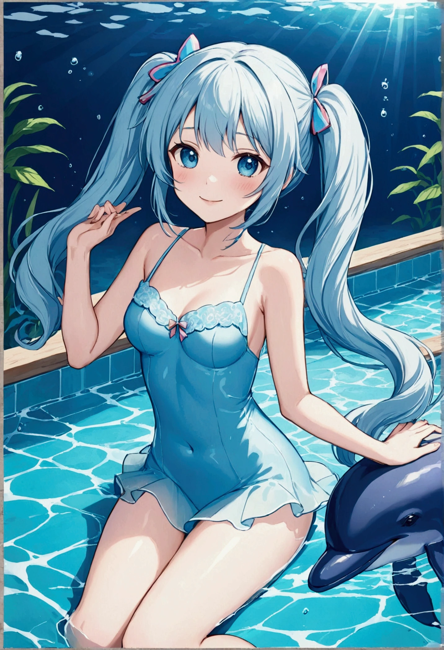 A picture of a dolphin swimming in a colorful sea, Light blue long hair、Beautiful girl with twin tails、Bright smile、 Very detailedな水彩画 8k, Very detailedな水彩画 8 K,Octane,end,Realistic,Clear lines, High Sharpness,Highest quality, Very detailed, Master Parts, Cinematic lighting effects, 4K