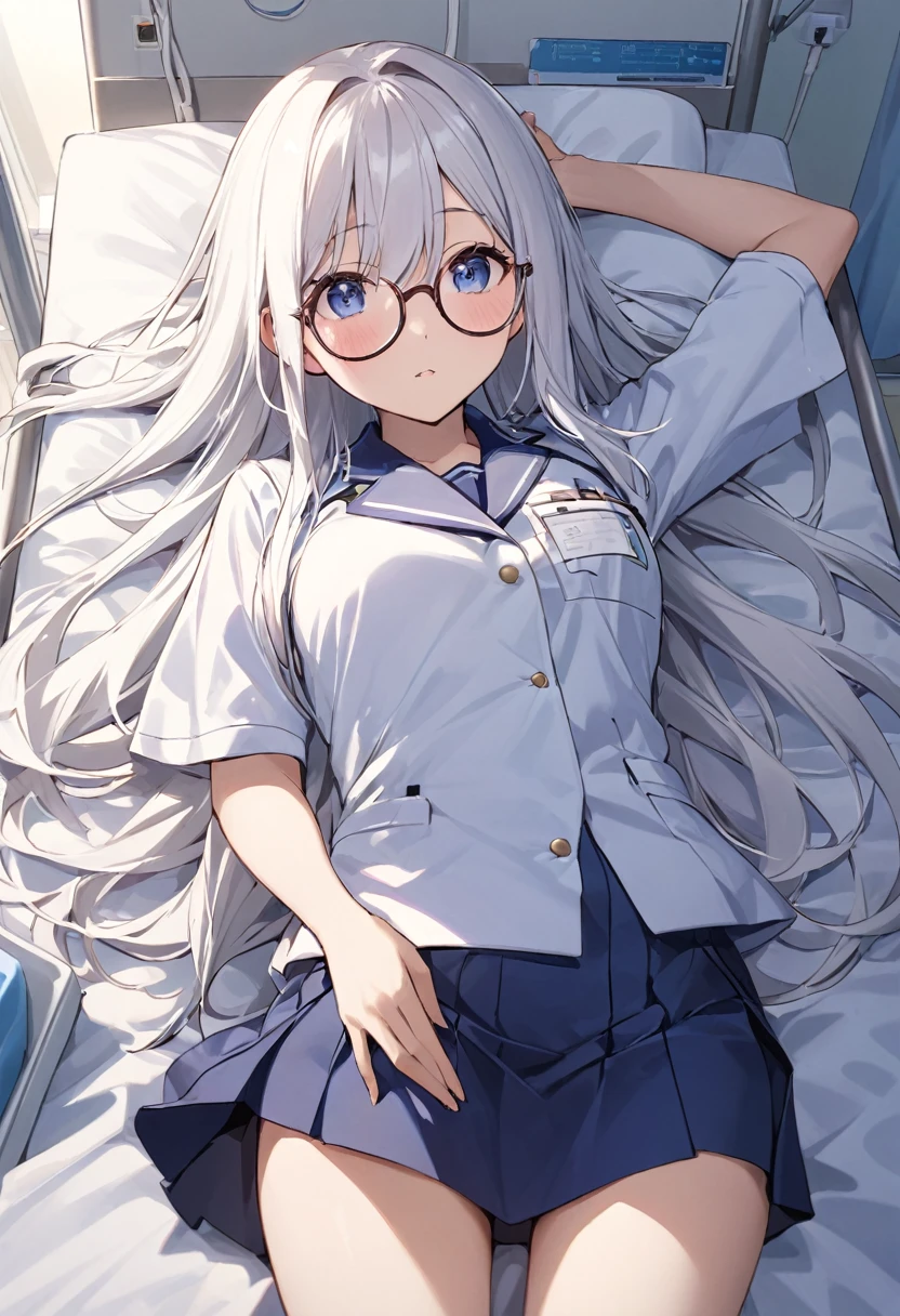 girl（Round Glasses、uniform（Navy Blue、Short skirt）、White long hair、hospital、bed、Lying on your back