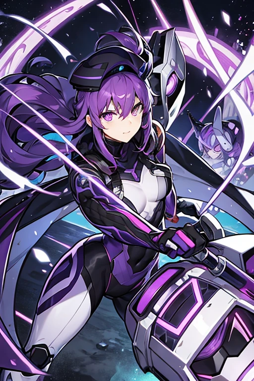 muscular robot man, PURPLE HAIR, black cap, purple eyes, purple umbrella