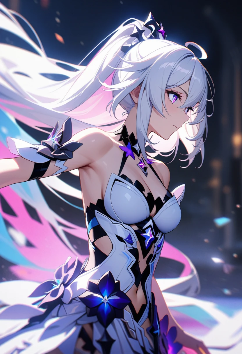 1girl, Kiana Kaslana \(Herrscher of Finality)\, Honkai Impact 3rd, ponytail, ultra-detailed, 8k, masterpiece, cinematic, volumetric lighting, dramatic lighting, highly detailed face, beautiful detailed eyes, extremely detailed face and eyes, intricate details, striking pose, dynamic composition, vibrant colors, ambient occlusion, ray tracing, global illumination