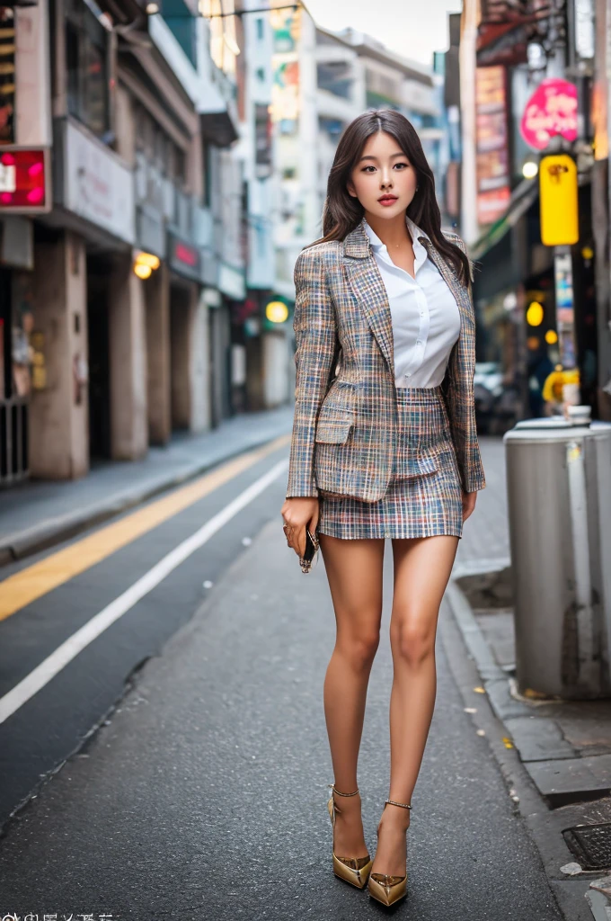 a 17 year old girl, she is the most beautiful actress in the world, the perfect body proportions of this girl, the blazer is appropriately buttoned up on the formal shirt that she wears, indirect bulge of her clothed large breasts, the panties between her bare legs are seen just 1cm below the short skirt, it's just the front of her body, it's just one description, it from right above her head to right below her shins are within the space, she is standing straight at the street, nsfw, best quality, highly detailed, masterpiece, ultra high res, photo realistic, 8k, RAW photo