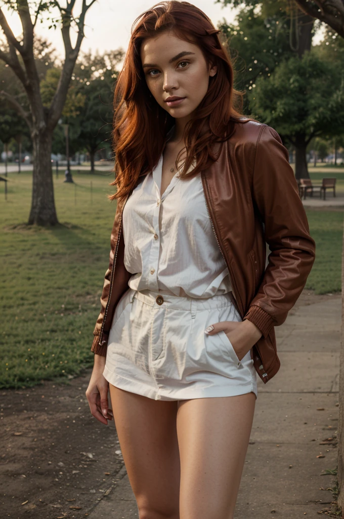 woman, realistic, young, red hair, jacket, full body, model, possing, sunset, detailed face, in a park, realistic background, preety face, ambar light eyes