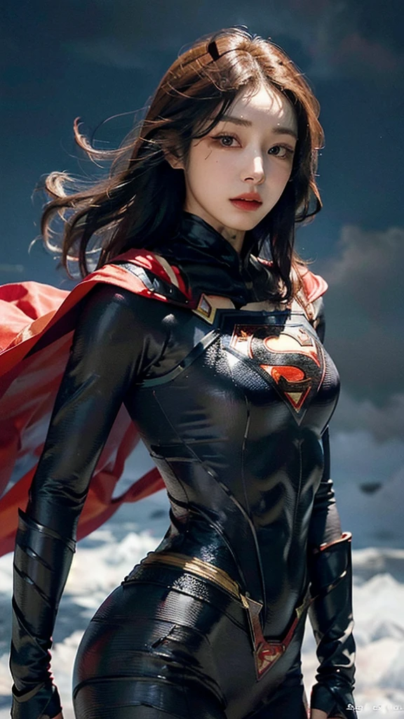 Woman wearing detailed SuperMan costume with full sleeves covering the entire body, short black hair, serious face, (flying in sky), vivid colors, dramatic lighting, red cape, cinematic costume, carbon fiber detailed suit,