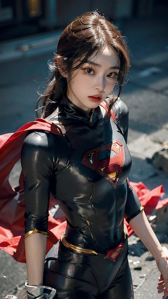 Woman wearing detailed SuperMan costume with full sleeves covering the entire body, short black hair, serious face, (flying in sky), vivid colors, dramatic lighting, red cape, cinematic costume, carbon fiber detailed suit,