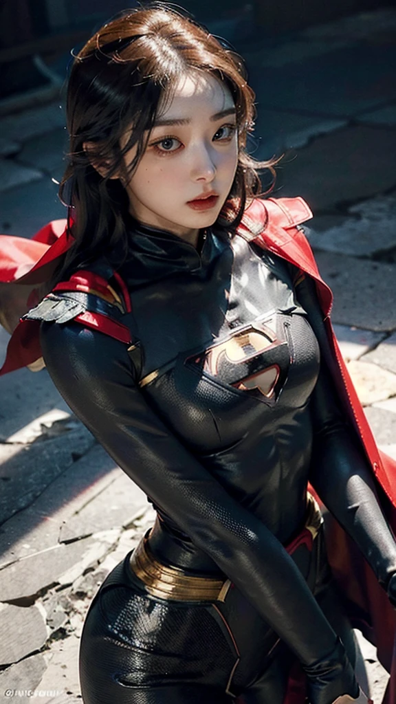 Woman wearing detailed SuperMan costume with full sleeves covering the entire body, short black hair, serious face, (flying in sky), vivid colors, dramatic lighting, red cape, cinematic costume, carbon fiber detailed suit,