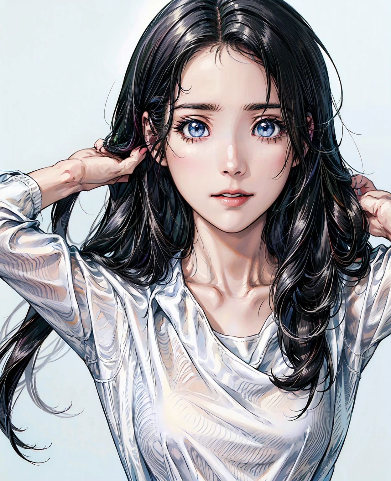 anime,(face),(beautiful detailed eyes), black hair,sliver eyes, masterpiece,looking at viewer, best_quality,white background,masterpiece,white shirt, arms behind back,
