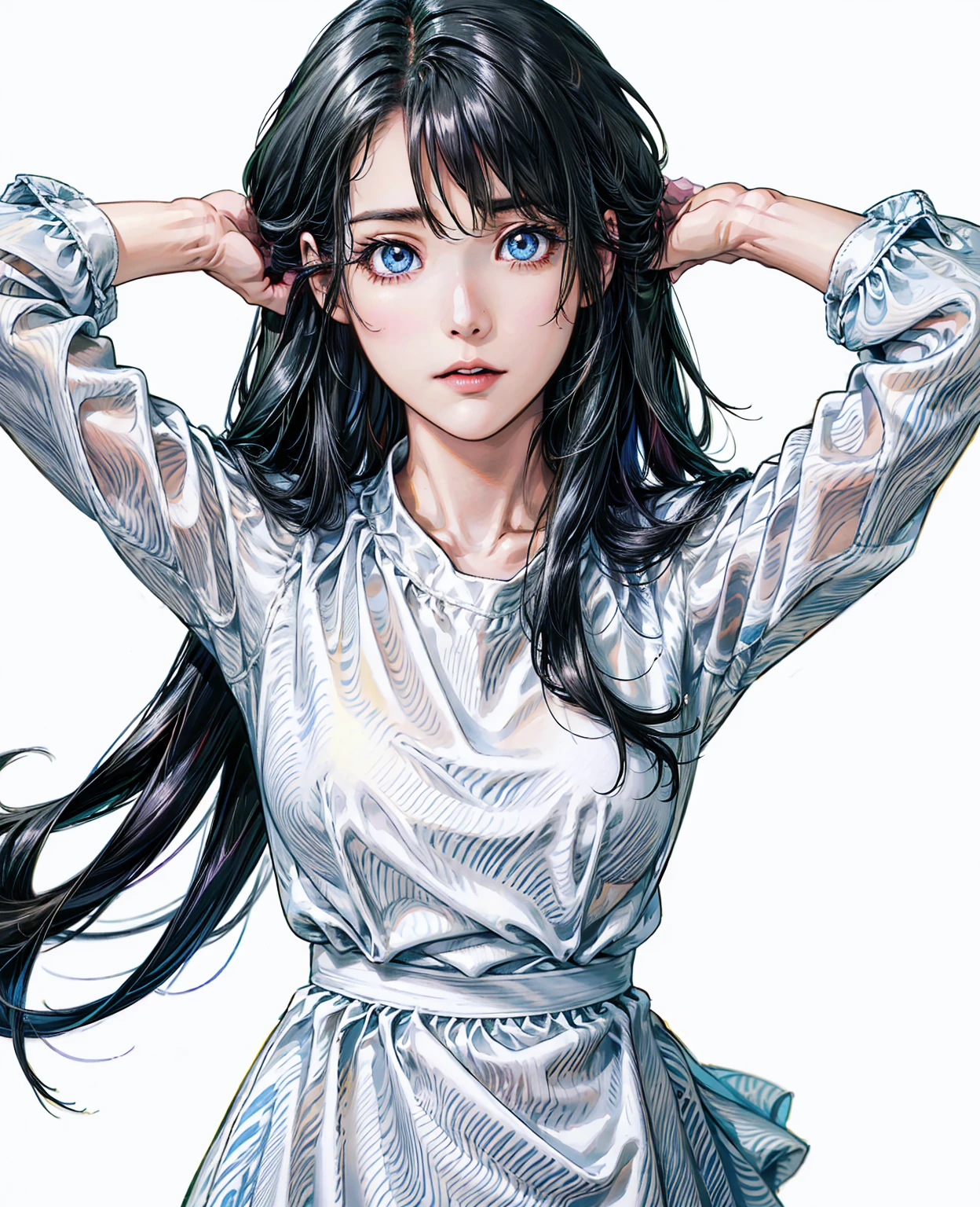 anime,(face),(beautiful detailed eyes), black hair,sliver eyes, masterpiece,looking at viewer, best_quality,white background,masterpiece,white shirt, arms behind back,  