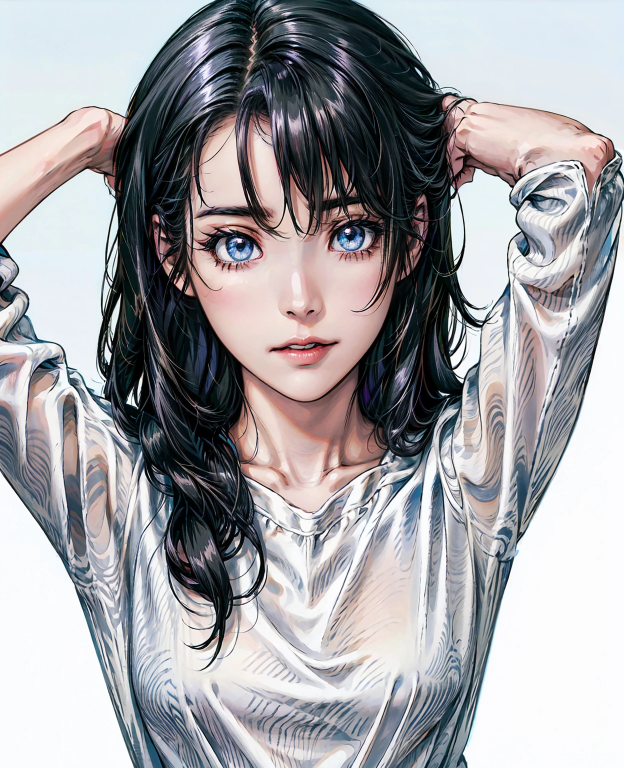 anime,(face),(beautiful detailed eyes), black hair,sliver eyes, masterpiece,looking at viewer, best_quality,white background,masterpiece,white shirt, arms behind back,  