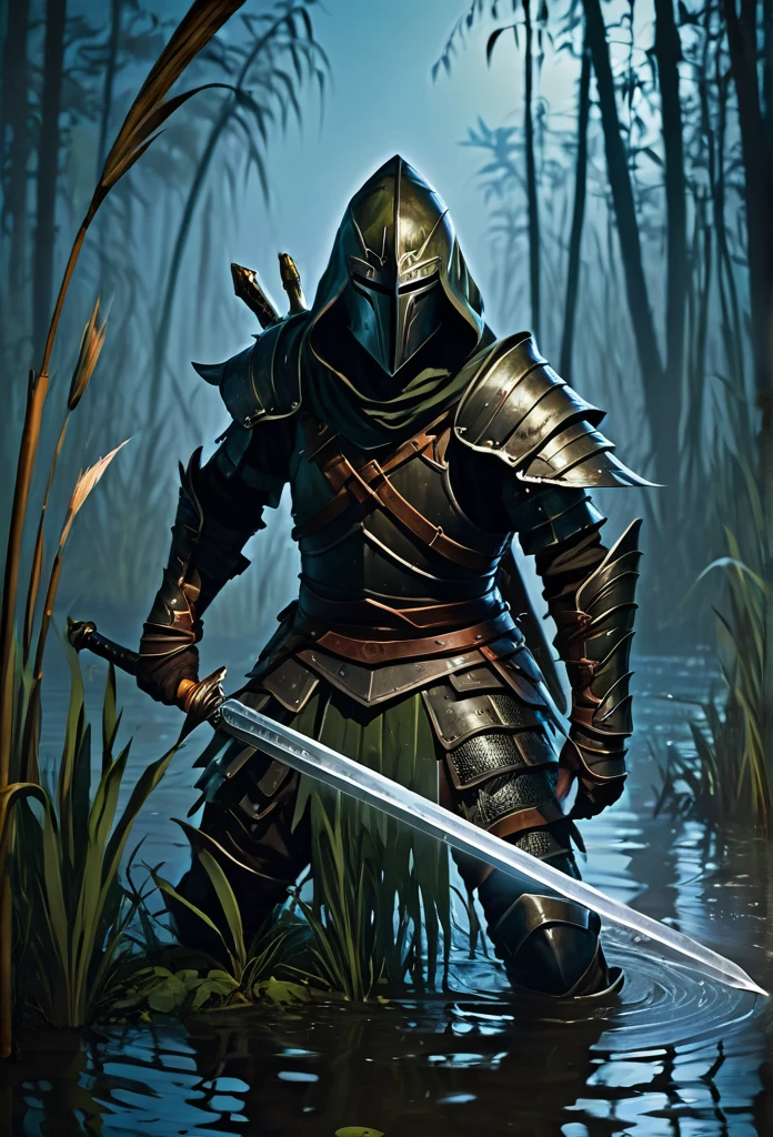 Warrior with leather armor and hood without mask, cutting reeds frontally in a swamp at night using his sword fiercely