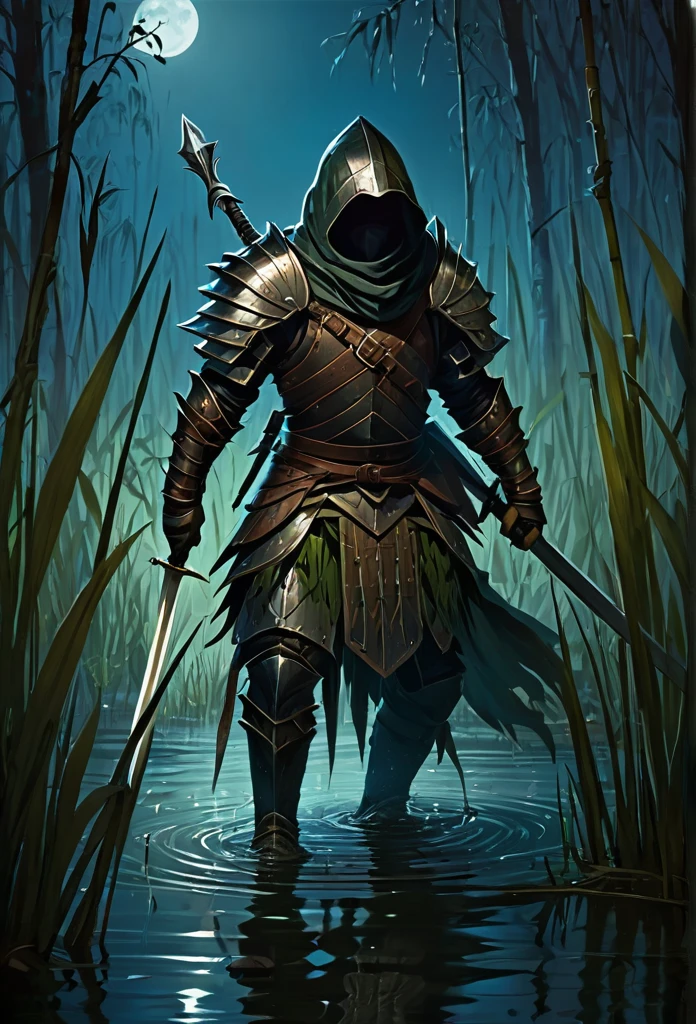 Warrior with leather armor and hood without mask, cutting reeds frontally in a swamp at night using his sword fiercely
