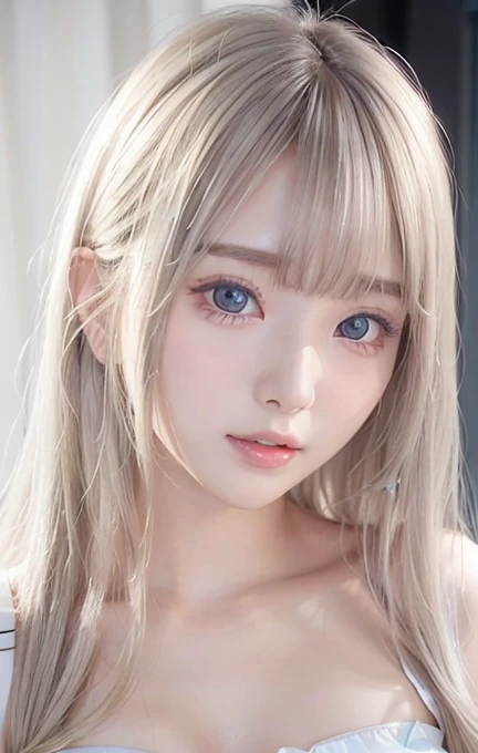 silver shiny hair, super long straight silky hair, dazzling blonde super long silky hair, cute little beautiful face of 16 years old, beautiful girl, sparkling blonde dancing in front of her cute face, long silky bangs covering the space between her eyes, very beautiful, bright, large, bright blue eyes, very big eyes, hair hiding her face, sexy cute young woman with super long bangs, very white skin, cheek gloss highlighter, small beautiful face, round face, ample bust, nipples, embarrassed face, Light pink small nipples、A divine feeling、A face that feels great in the missionary position、A face lying in bed and feeling sexually aroused