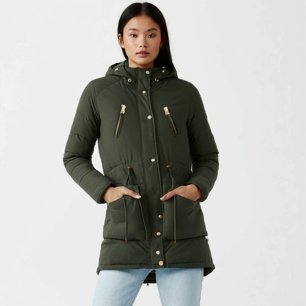 a woman wearing a green parka with a hood and zipper, medium height, Olive, model wears a puffer jaket, hooded, jaket, Roots and hay coat, with two front pockets, forst, girl with action shot in parka, wearing hunter coat, profile pic, Essence, characteristics, Medium close-up, wearing jaket