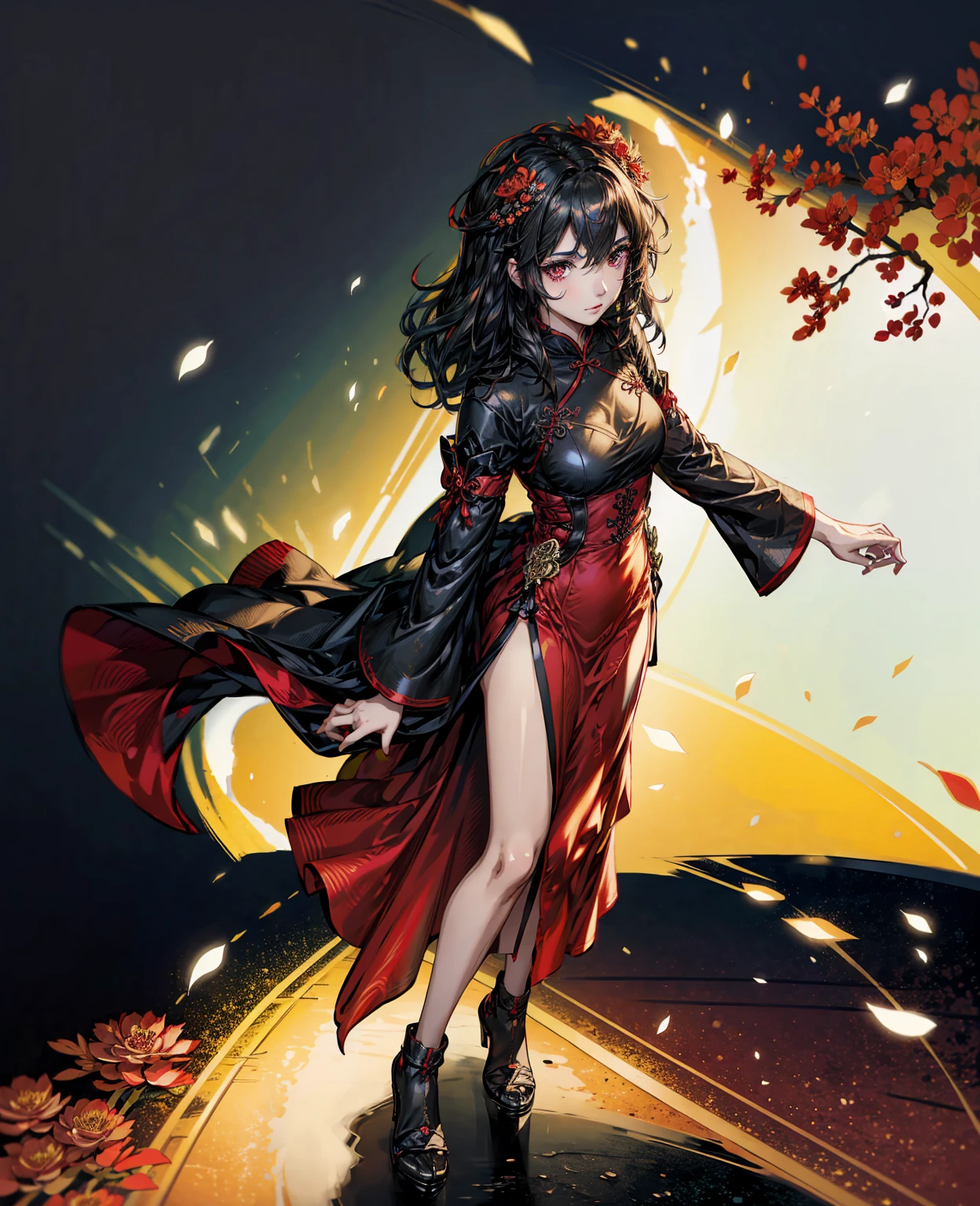 anime girl in a red and black dress with red flowers in her hair, artwork in the style of guweiz, guweiz, chinese girl, trending on cgstation, cute anime waifu in a nice dress, guweiz on pixiv artstation, palace , a girl in hanfu, beautiful digital artwork, guweiz on artstation pixiv