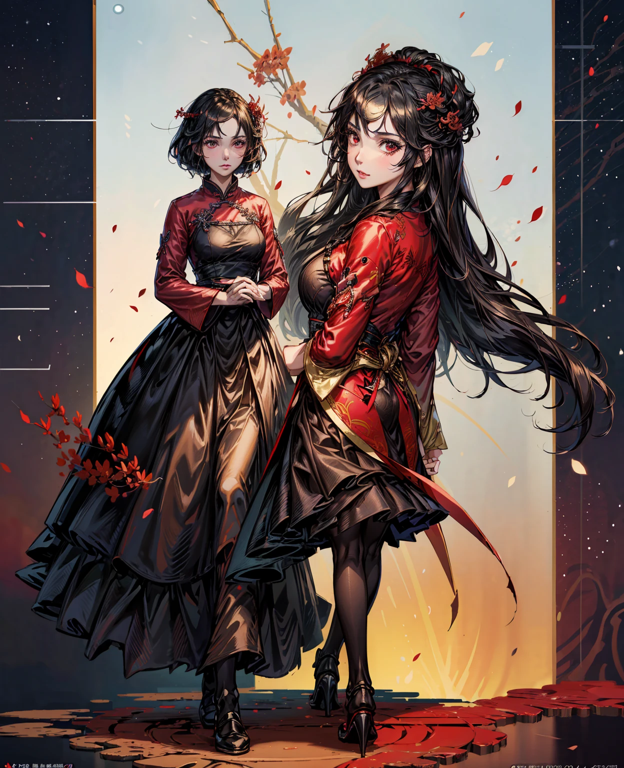 anime girl in a red and black dress with red flowers in her hair, artwork in the style of guweiz, guweiz, chinese girl, trending on cgstation, cute anime waifu in a nice dress, guweiz on pixiv artstation, palace ， a girl in hanfu, beautiful digital artwork, guweiz on artstation pixiv