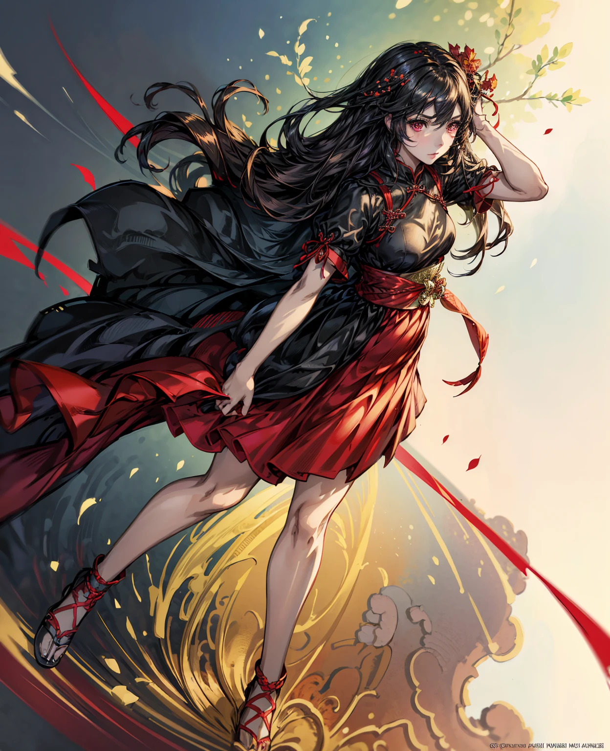 anime girl in a red and black dress with red flowers in her hair, artwork in the style of guweiz, guweiz, chinese girl, trending on cgstation, cute anime waifu in a nice dress, guweiz on pixiv artstation, palace , a girl in hanfu, beautiful digital artwork, guweiz on artstation pixiv