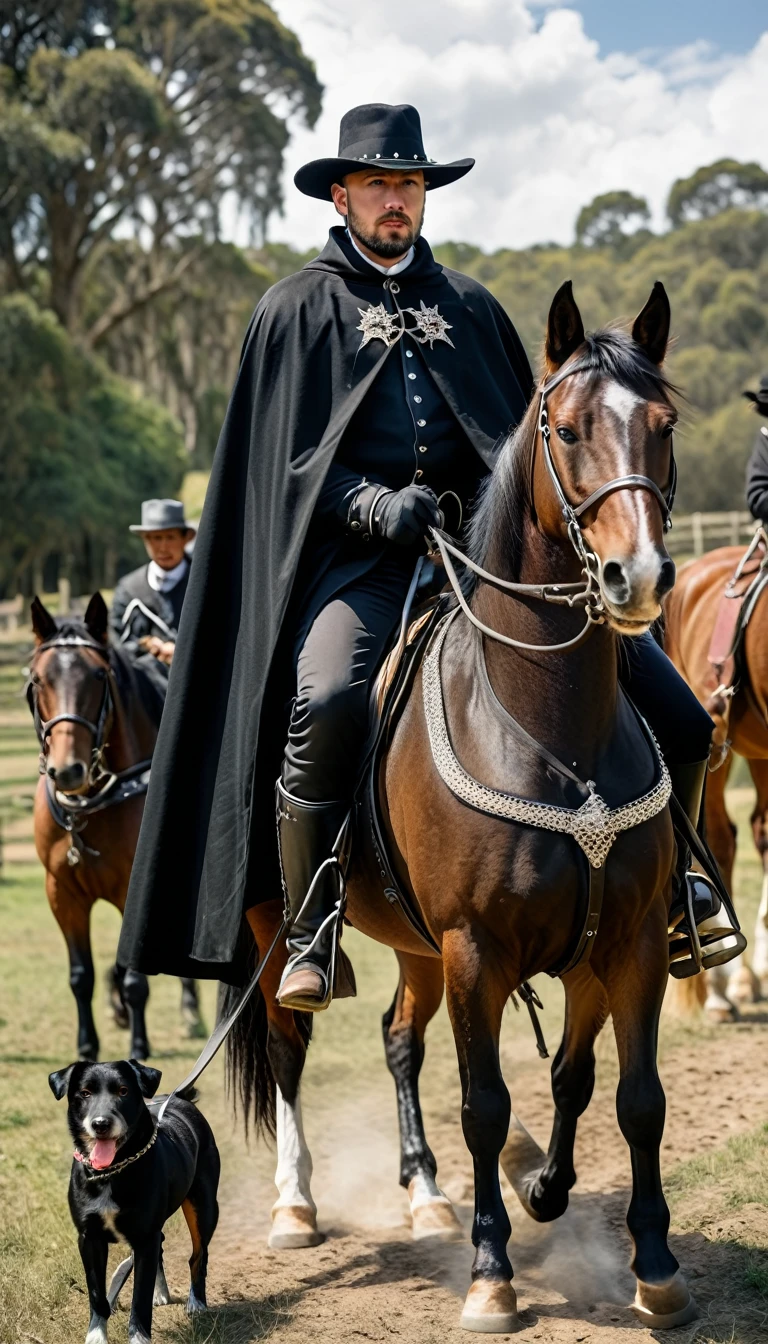 man in black cape, with black hat, on horseback with two dogs beside the horse, where there are silver details on the struts and spurs