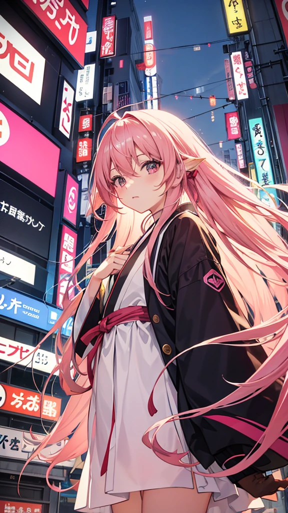 Tokyo, Kabukicho, long hair fluttering in the wind, pink  hair, High definition, don