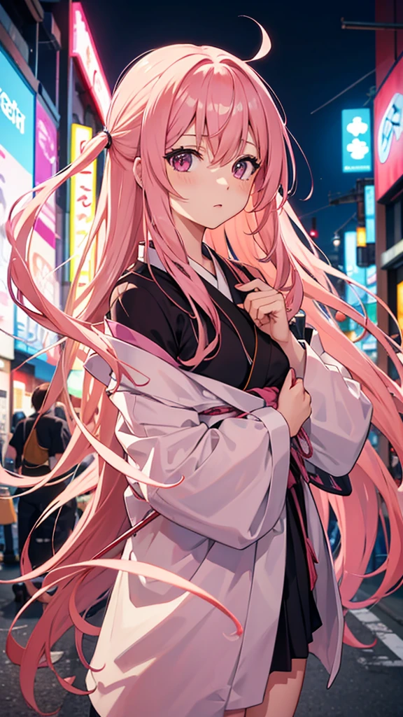 Tokyo, Kabukicho, long hair fluttering in the wind, pink hair, High definition, don