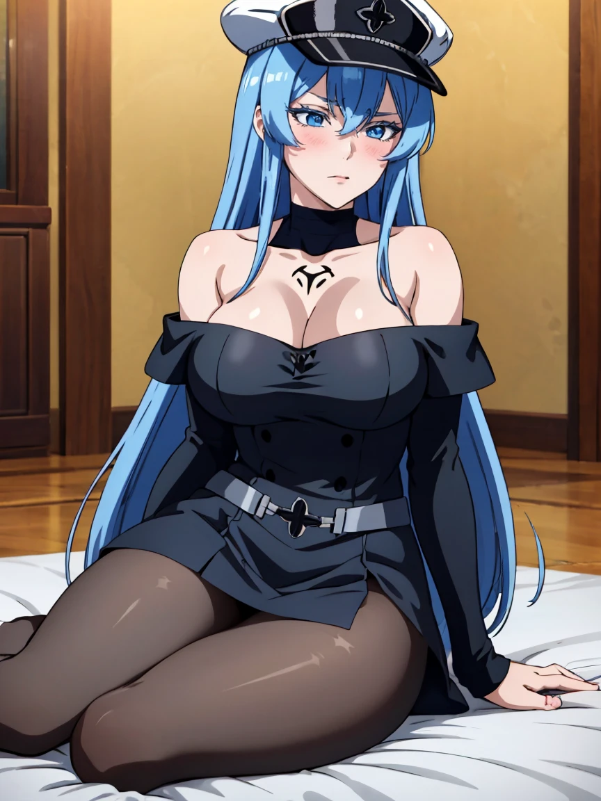 (artwork, best quality) a girl with long blue hair, blue eyes, blue eyelashes, black mini skirt, long black pantyhose, black off shoulder dress, wearing black captain's hat, tattoo, big breasts, perfect body, 4k hd, blushing, embarrassed, sitting in a room